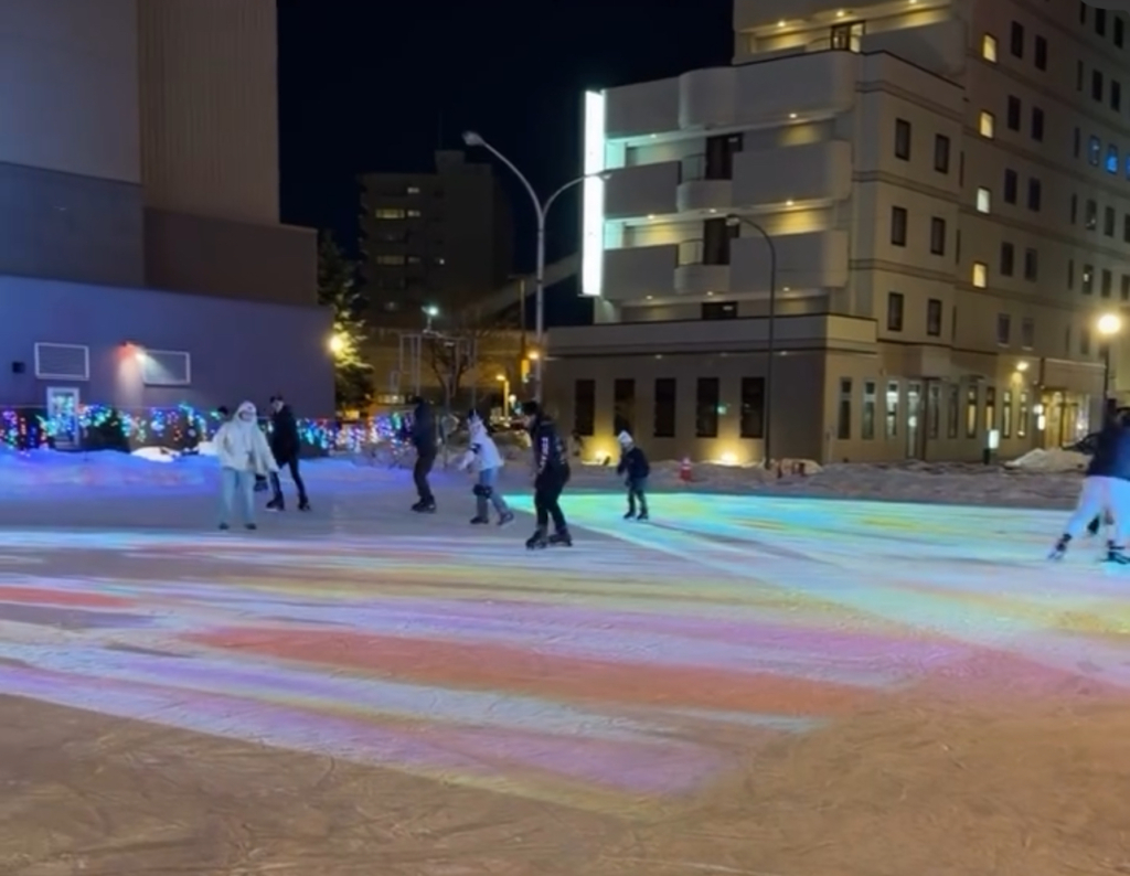 Colorful projection mapping on the ice at Tokachi Ice Park Plus at night